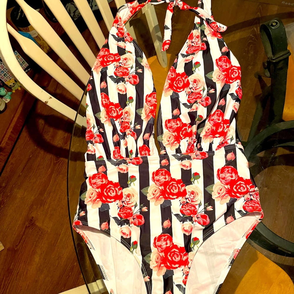 Flower and Stripes One Piece Swimsuit Size XL